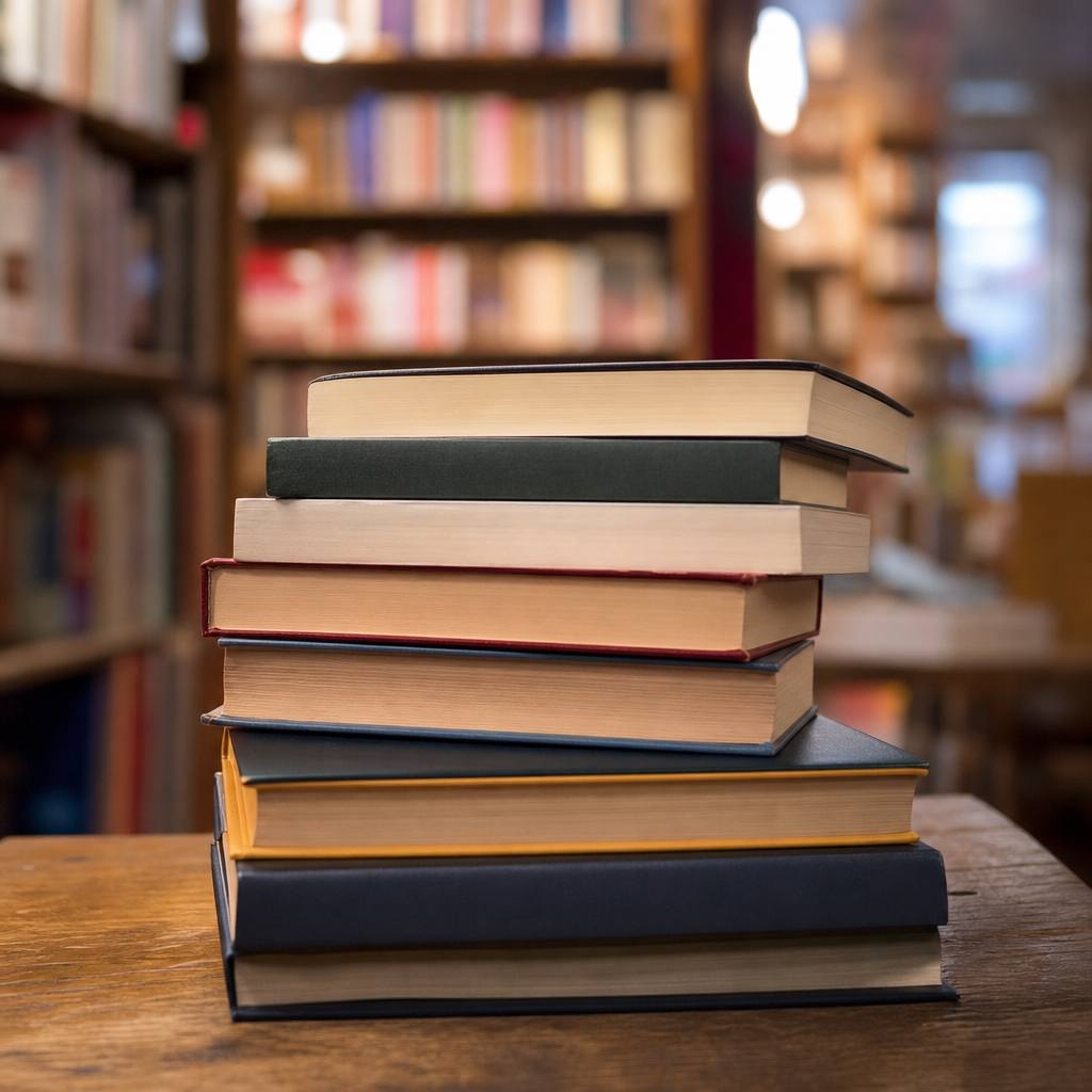 Stacks of new and favourite books on a wooden table
