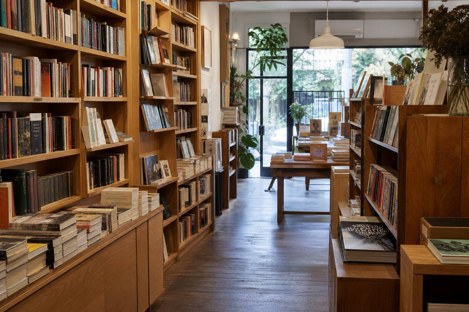 Warm interior of Harbor Lane Books with shelves of carefully arranged titles